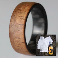 koa wood ring with carbon fiber sleeve with wood ring care kit