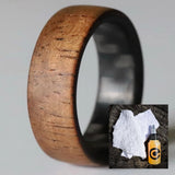 Koa wood wedding ring with wood ring care kit