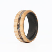 Ash Wood Ring with Fossilized Mammoth Molar Inlay and Carbon Fiber Sleeve
