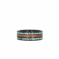Men's Turquoise Inlay Ring with Whiskey Barrel Wood and Carbon Fiber Laying Flat