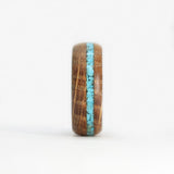 Turquoise Inlay Ring with Whiskey Barrel Wood and Carbon Fiber Sleeve Front View