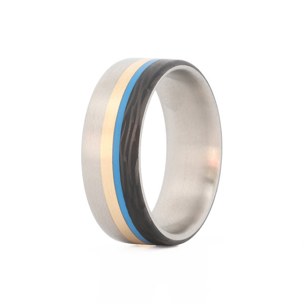 Blue and Gold Ring with Titanium and Carbon Fiber