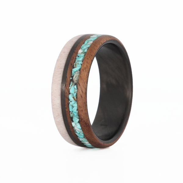 Men's Turquoise Ring with Walnut Wood, Deer Antler and Carbon Fiber Sleeve