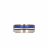 Titanium Wedding Ring with Carbon Fiber and Blue Rail Laying Flat