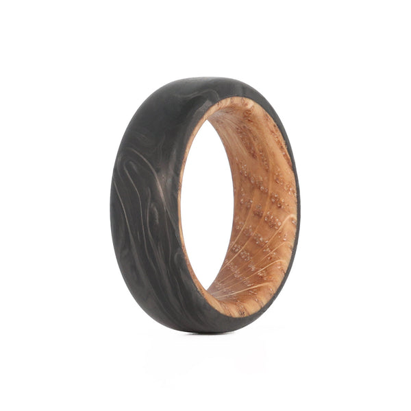 Forged Carbon Wedding Band with Whiskey Barrel Wood Interior