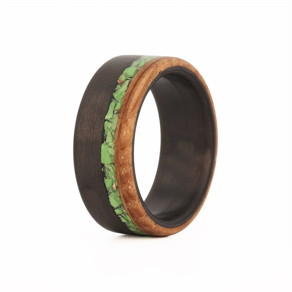 Carbon Fiber, Whiskey Barrel, and Green Turquoise Ring