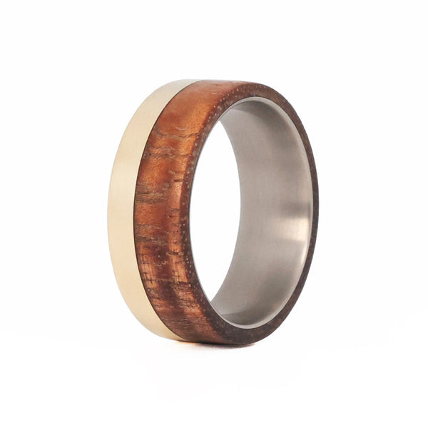 Koa Wood Wedding Ring with Gold Offset and Titanium Interior