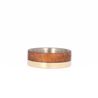Koa Wood Wedding Ring with Gold Offset and Titanium Interior Laying Flat