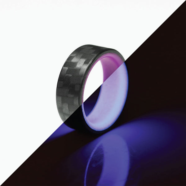 Purple Glow In The Dark Ring with Carbon Fiber normal and glowing comparison