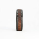 men's koa wood ring with carbon fiber rails and titanium sleeve front view