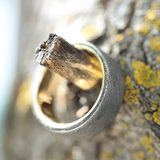 damascus wedding ring with gold sleeve hanging on branch