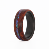 cocobolo wood ring with purple opal inlay and carbon fiber sleeve