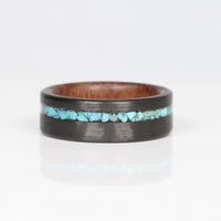 Men's Turquoise Inlay Ring with Carbon Fiber and Hawaiian Koa Wood Laying Flat