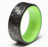 Yellow Glowing Resin Ring with Carbon Fiber pattern close up